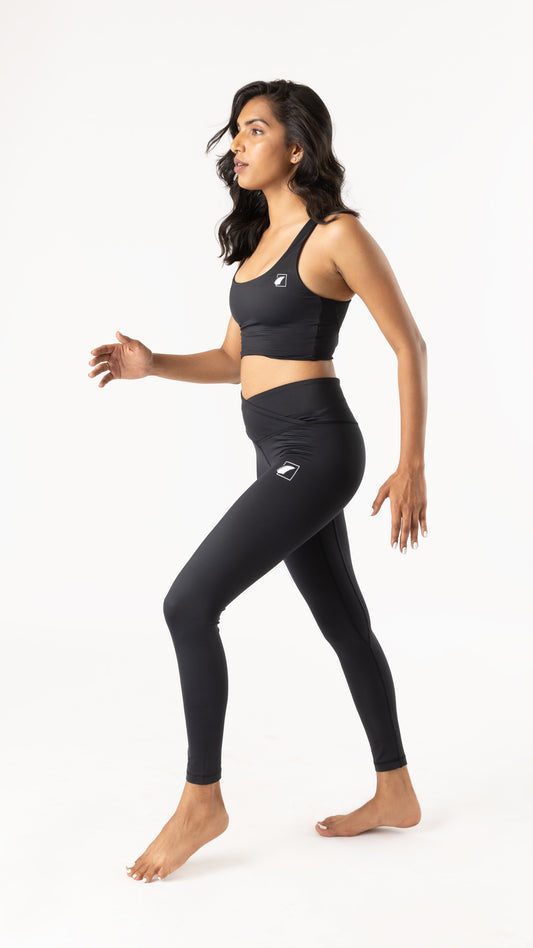 Black Mid-rise Leggings With Crossover Waist